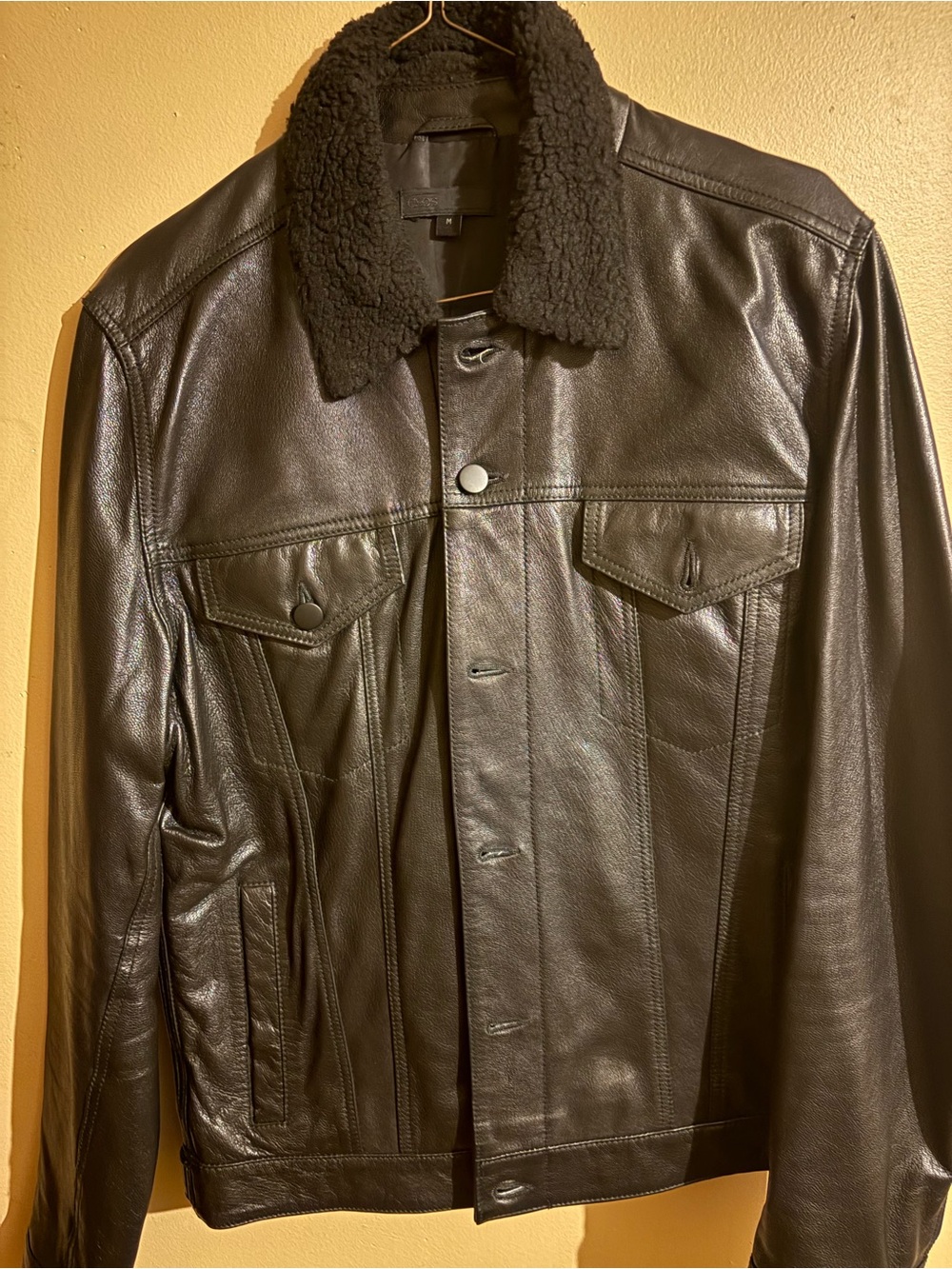 ASOS Black Leather Bomber Jacket with Shearling Collar